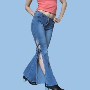 Y2k 00s vintage Bubblegum Stretch Flare Open Side Low Rise Bell Bottom Jeans
